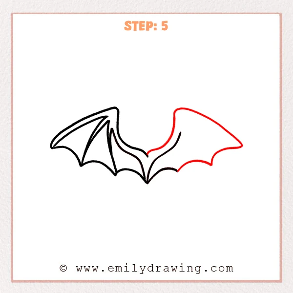 how to draw a dragon wings - Dragon wings drawing with the left wing detailed and the right wing now fully outlined, including a sharp outer tip and scalloped lower edge.